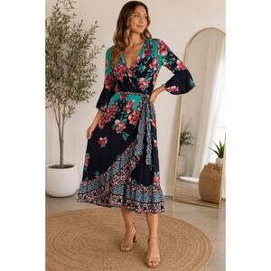 Umgee Floral Wrap Midi Dress Boho Bell Sleeve Tie Waist Size Medium